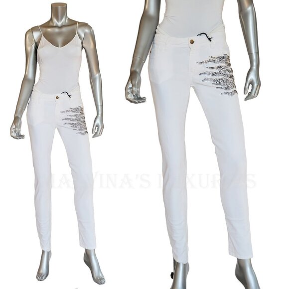 JUST CAVALLI BY ROBERTO CAVALLI JEANS WHITE w CRYSTALS SKINNY PANTS sz 29 US 6 - Picture 2 of 14
